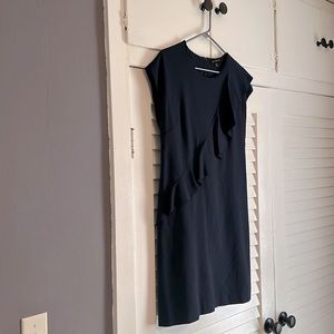 Navy Banana Republic sleeveless dress with ruffle detail.